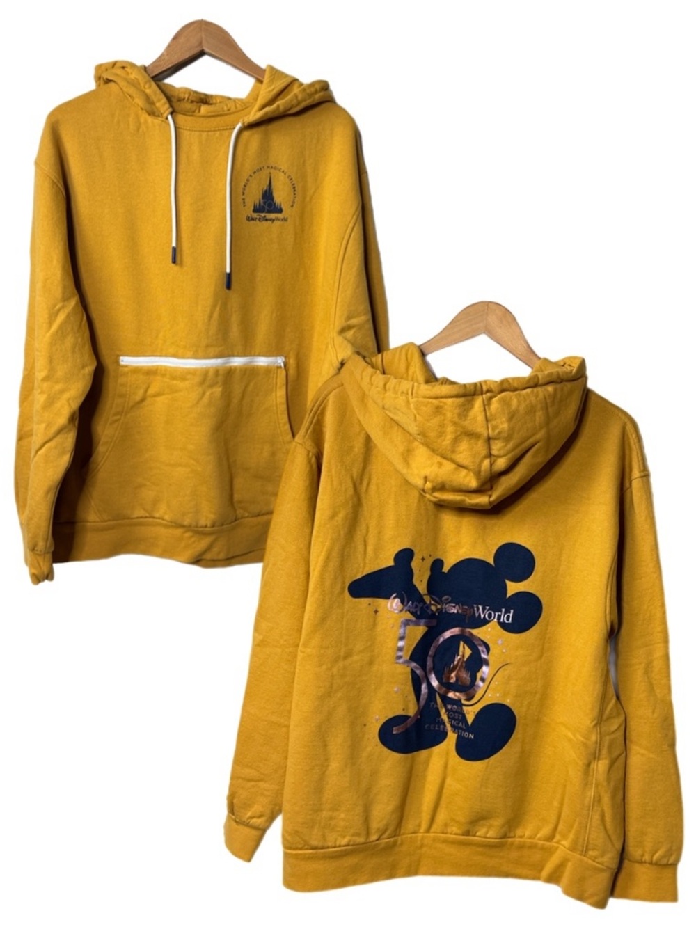 Gold Walt Disney World 50th Anniversary pullover hoodie featuring a small circul